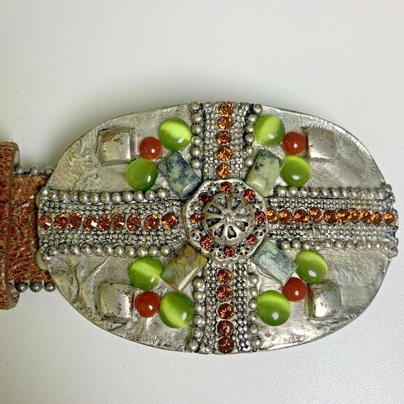 Leatherock 7563 Genuine Leather Belt w/ Gemstone Studded Buckle Boho Western 34M - Picture 2 of 11